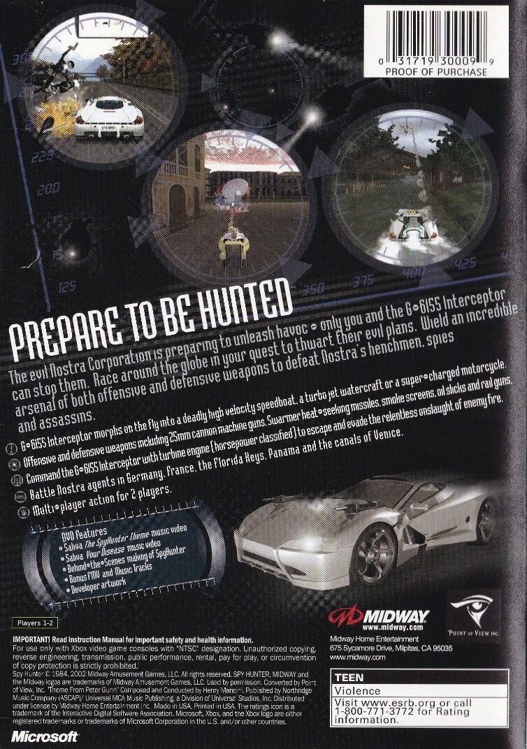 SpyHunter Xbox for retro video game enthusiasts featuring vehicular combat gameplay high speed driving missions weaponized spy vehicles explosive action secret agent adventures cinematic racing combat and collectible gaming appeal back art