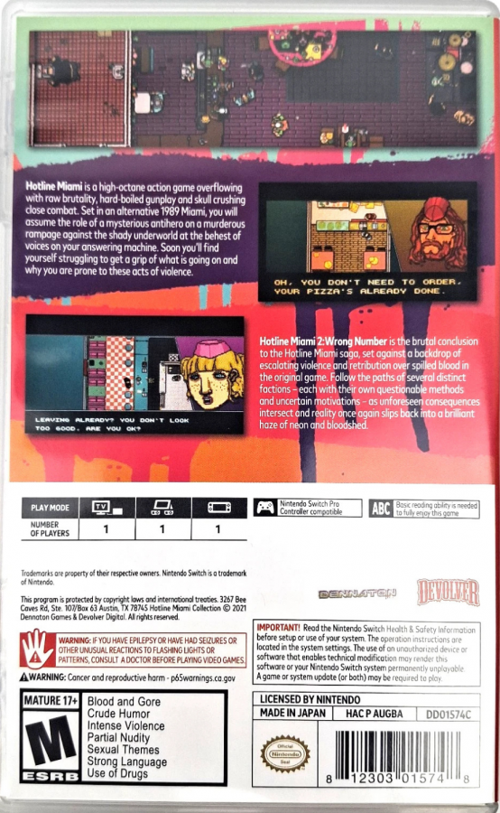 Hotline Miami Collection Nintendo Switch for action indie video game fans featuring fast paced top down shooting intense combat challenging levels strategic gameplay neon aesthetic retro inspired visuals multiple games included brutal arcade style action immersive storytelling collectible gaming appeal back cover