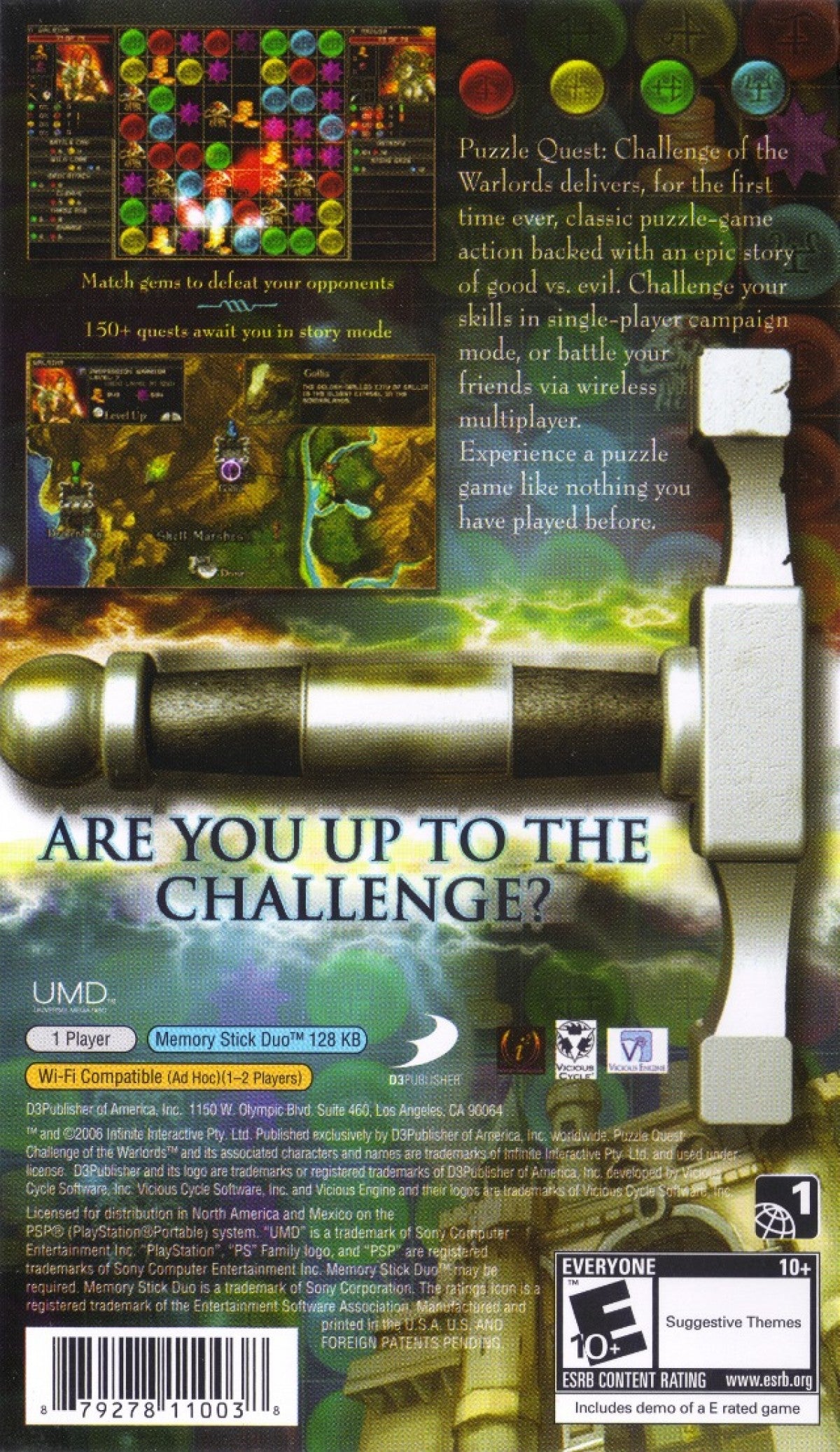 Puzzle Quest: Challenge of the Warlords back of case for PlayStation Portable (PSP) match-3 role-playing puzzle game