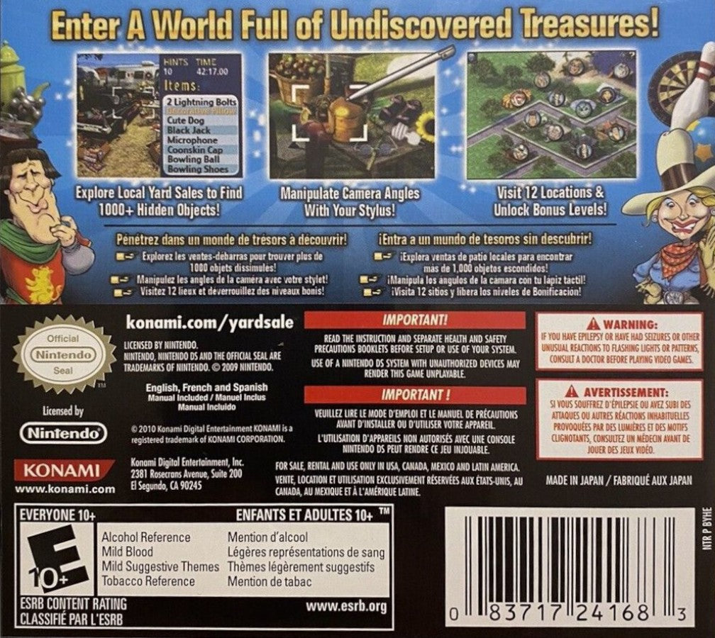 Yard Sale Hidden Treasures Sunnyville game for the Nintendo DS featuring hidden object gameplay where players explore yard sale scenes in the town of Sunnyville searching for items completing puzzles and using found objects to decorate and upgrade a home in a light story driven progression system back cover art