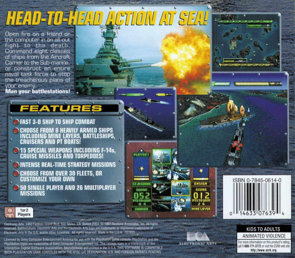 Battle Stations back cover art for PlayStation 1 (PS1) ship battle video game.