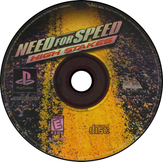 Need for Speed High Stakes game for the PlayStation featuring arcade style racing gameplay with exotic cars police pursuits career progression damage modeling and high risk betting mechanics across varied tracks and race modes disc art