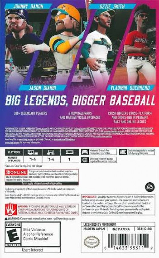 Super Mega Baseball 4 Nintendo Switch for video game enthusiasts featuring arcade style baseball gameplay realistic sports mechanics customizable teams and players competitive multiplayer modes batting pitching controls and collectible gaming appeal back cover