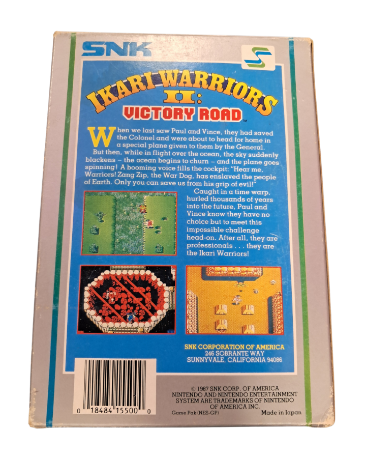 Ikari Warriors for Nintendo Entertainment System top down run and gun shooter featuring military combat co op gameplay enemy soldiers tanks and arcade style action back cover
