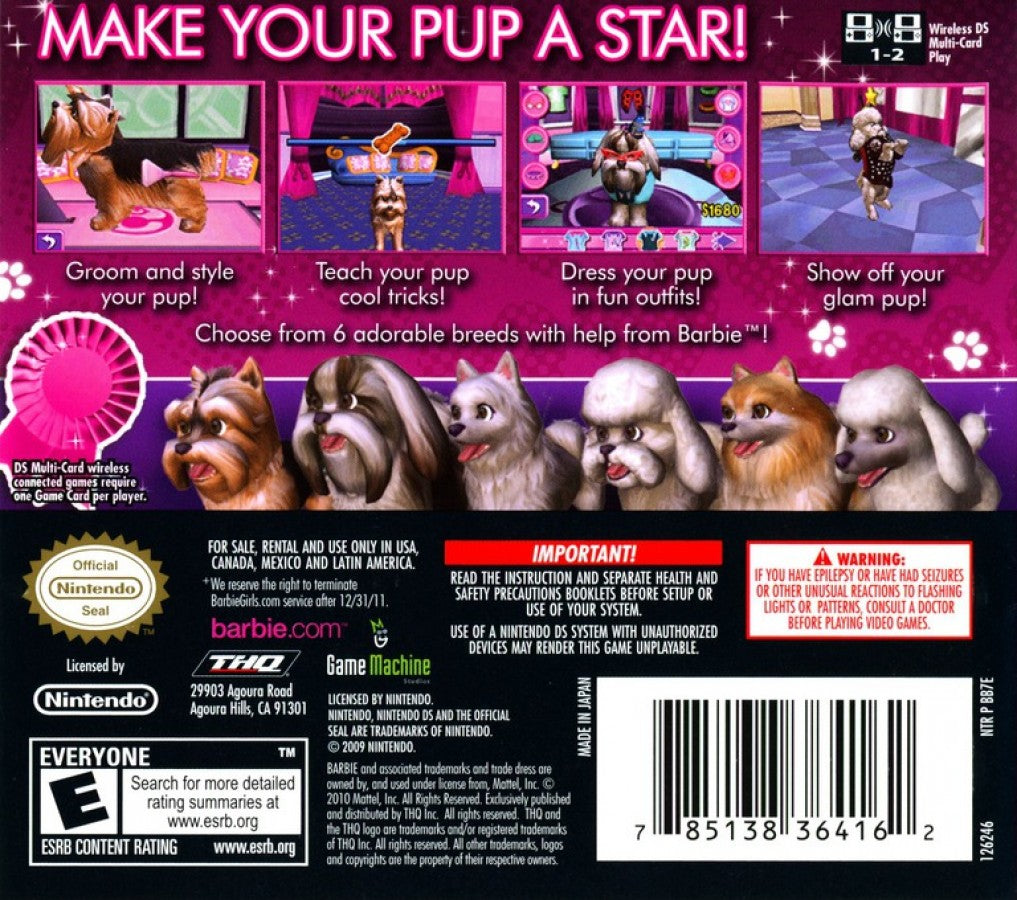 Barbie: Groom and Glam Pups back of case for Nintendo 3DS (3DS) pet care simulation video game