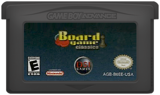Board Game Classics for Game Boy Advance (GBA), cartridge for a retro video game featuring digital board game adaptations, strategy gameplay, multiplayer modes, and classic tabletop challenges