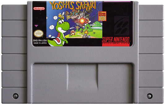 Yoshi's Safari Super Nintendo Entertainment System SNES video game featuring light gun shooting gameplay Yoshi riding adventure Bowser enemies Super Mario characters colorful levels action packed stages and classic 16 bit Nintendo gameplay retro video game collection collectible gaming appeal game cartridge