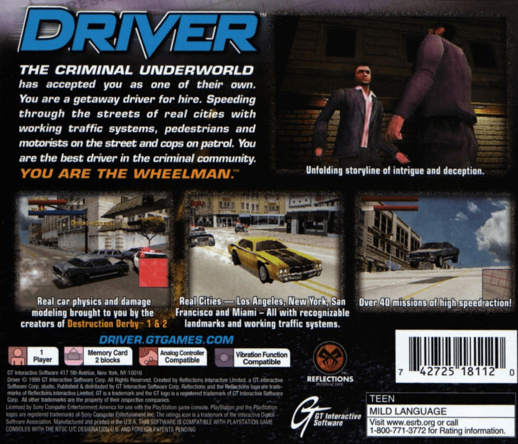 Driver 1 and 2 Compilation (Greatest Hits) – PlayStation 1 (PS1) Back Cover Disc Dual Art Twin Pack