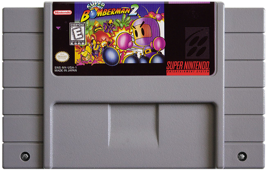 Super Bomberman 2 Super Nintendo SNES action puzzle game multiplayer party game bomb placing maze battles Hudson Soft classic Bomberman series competitive gameplay retro 16 bit gaming Super Nintendo Entertainment System software video game title cartridge