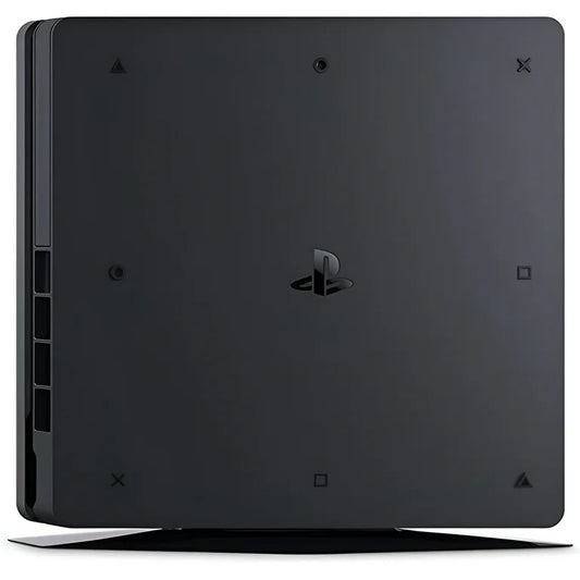 Bottom view of a Sony PS4 Slim console showing screw placements, ventilation grilles, rubber feet, model label, serial number, and ports, highlighting the structural and functional details.