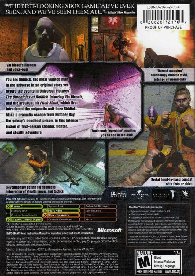The Chronicles of Riddick: Escape from Butcher Bay back cover art for Xbox (XBOX) video game