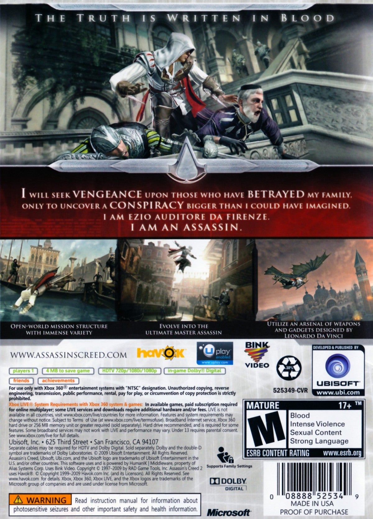 Assassin's Creed II Platinum Hits Xbox 360 open-world action-adventure stealth video game Ubisoft Ezio Auditore Renaissance Italy assassin brotherhood vendetta Florence Venice Monteriggioni exploration parkour climbing tombs codex pages Leonardo da Vinci historical fiction back cover