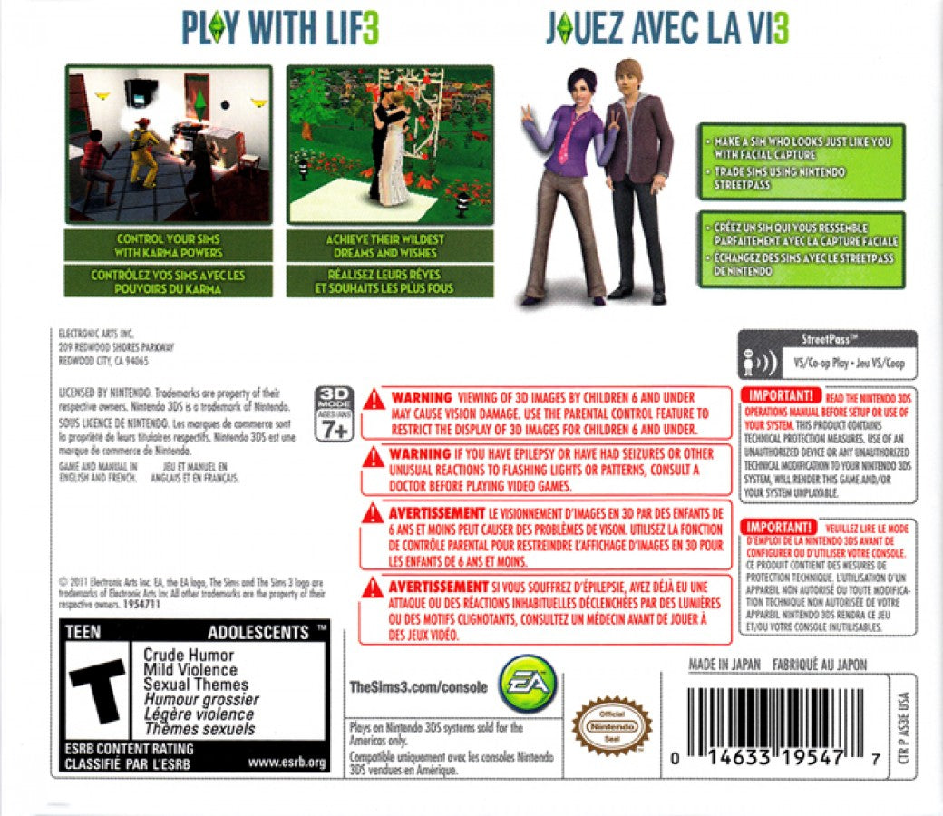 The Sims 3 back of case for Nintendo 3DS (3DS) life simulation video game