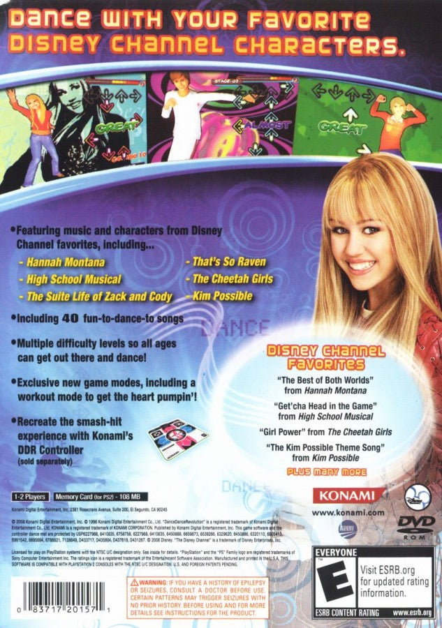 Dance Dance Revolution Disney Channel Edition for PlayStation 2 with kid-friendly dance gameplay featuring popular Disney songs back cover art