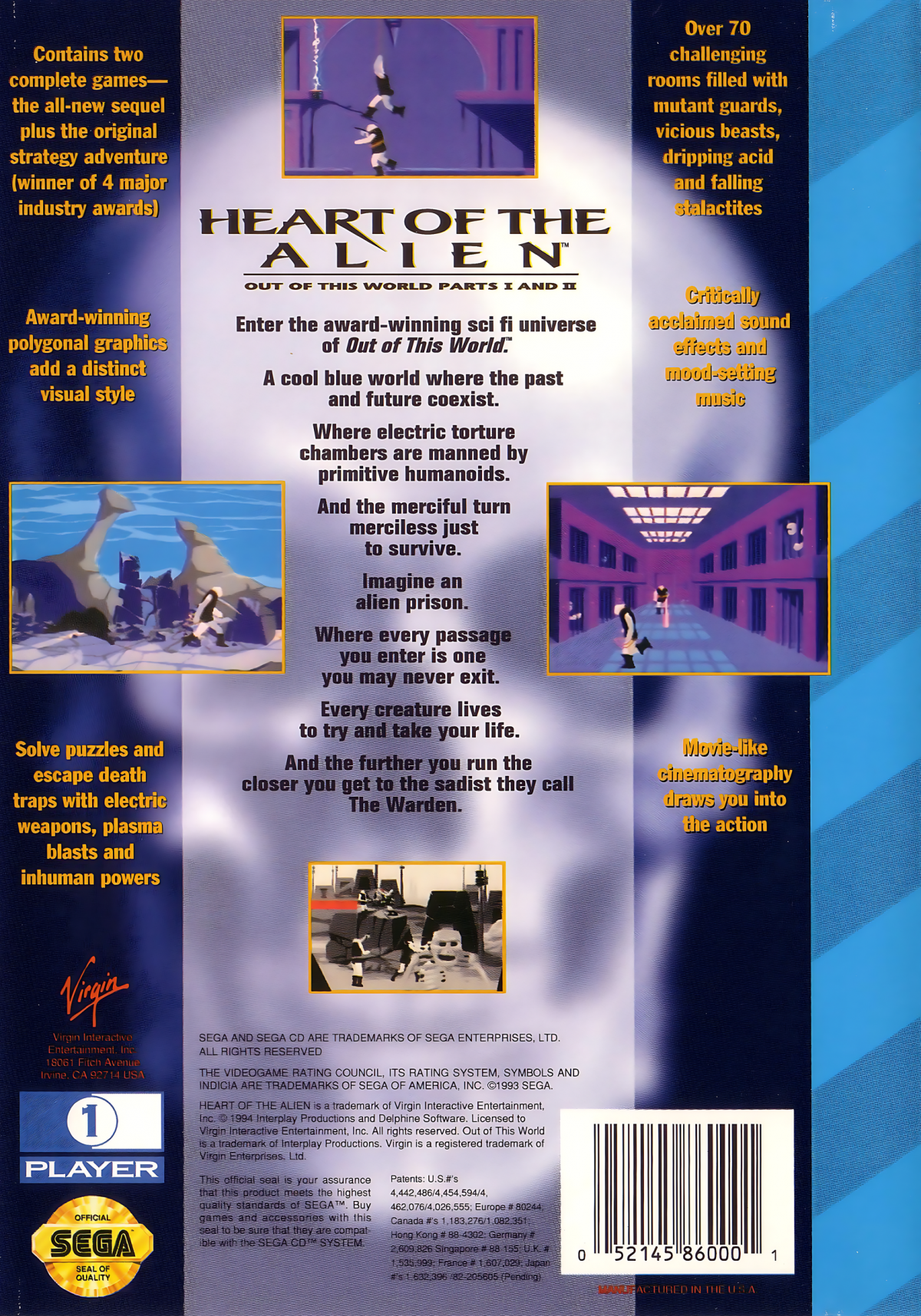 Heart of the Alien Sega CD cinematic platformer sequel to Another World Out of This World alien protagonist side scrolling puzzle platforming sci fi storytelling rotoscope animation atmospheric gameplay retro gaming Sega CD software video game title back cover art