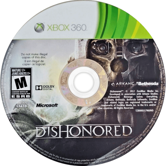 Dishonored disc for Xbox 360 (X360) stealth action-adventure video game