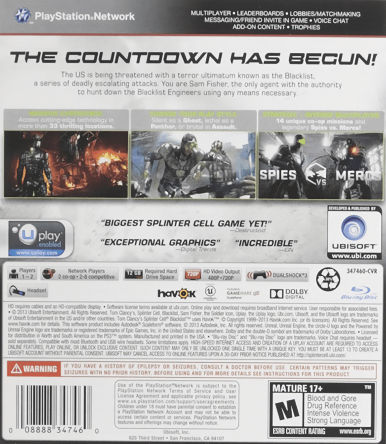 Tom Clancy’s Splinter Cell: Blacklist PS3 stealth action video game back cover art