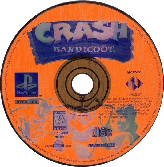 Crash Bandicoot PlayStation 1 PS1 video game, action platformer, classic mascot platforming gameplay, iconic Sony console title disc