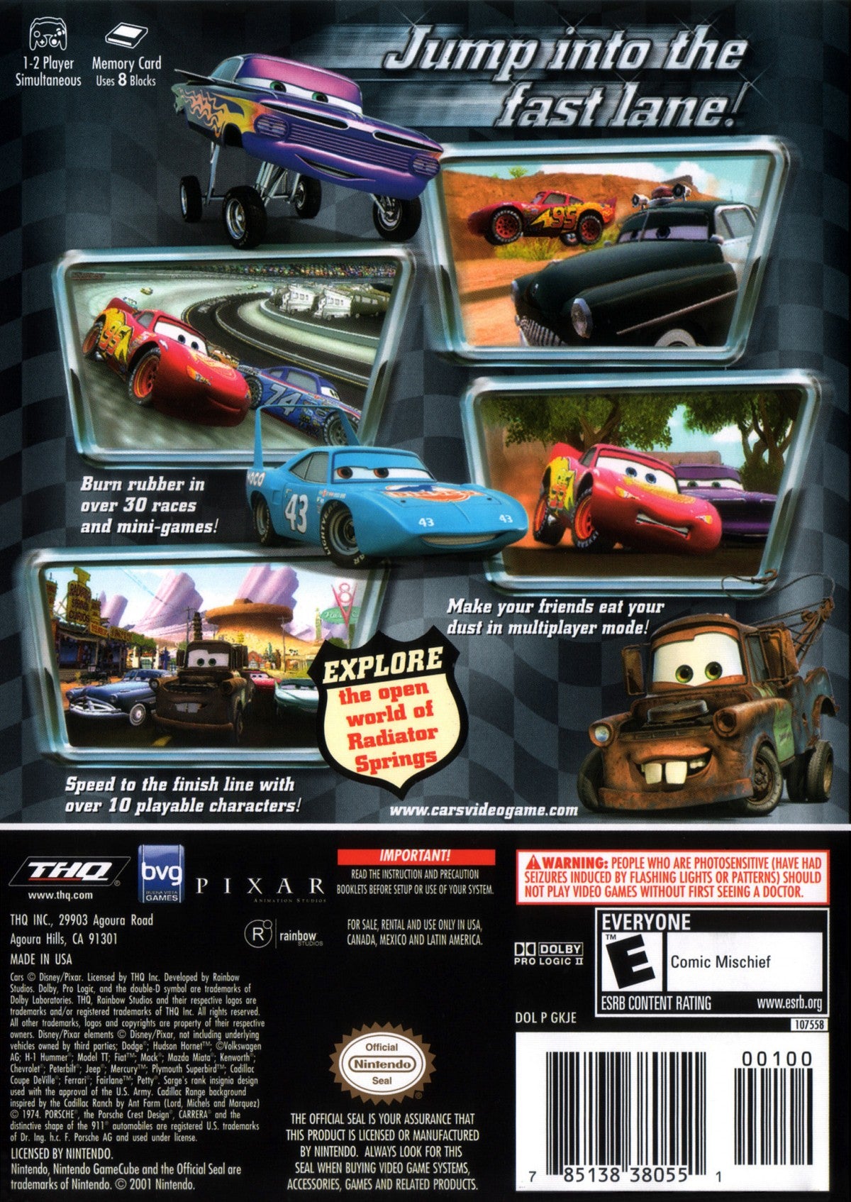 Disney Pixar Cars GameCube inspired design featuring animated racing adventure aesthetic Lightning McQueen Radiator Springs characters fast paced driving gameplay colorful family friendly action movie inspired automotive excitement nostalgic Nintendo presentation back cover