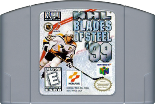 NHL Blades of Steel 99 game for the Nintendo 64 featuring arcade style hockey gameplay with fast paced matches exaggerated hits season modes and multiplayer competition based on the Blades of Steel series cartridge