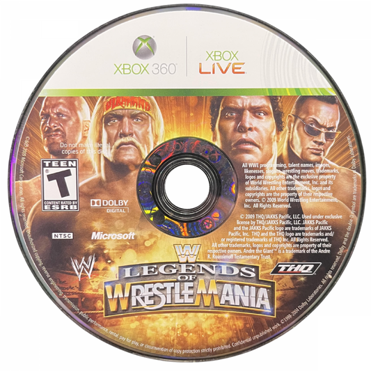 WWE Legends of WrestleMania Xbox 360 wrestling arcade game classic roster Hulk Hogan Andre the Giant Stone Cold The Rock relive historic WrestleMania moments disc art