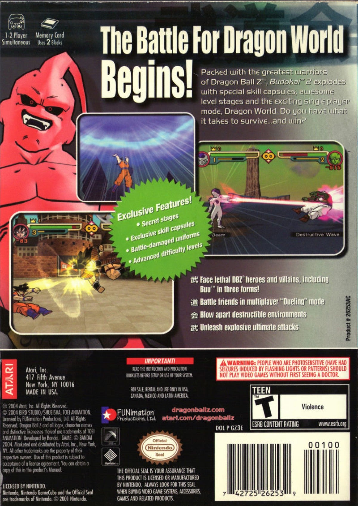 Dragon Ball Z Budokai 2 video game, fighting action, anime-based gameplay, multiplayer battles, classic Dragon Ball Z title back cover art