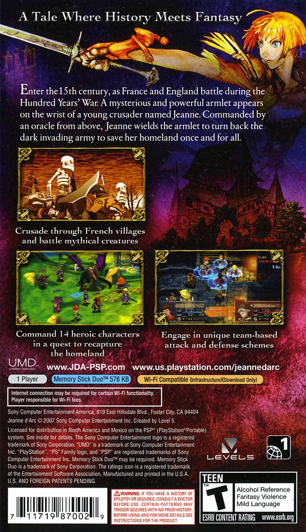 Jeanne d'Arc back of case for PlayStation Portable (PSP) strategy role-playing game