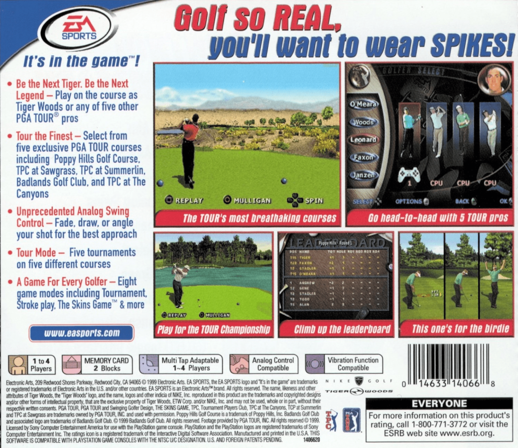Tiger Woods 2000 back of case for PlayStation 1 (PS1) golf sports video game