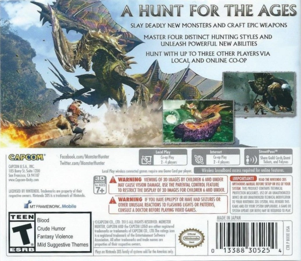 Monster Hunter Generations back of case for Nintendo 3DS (3DS) action role-playing video game