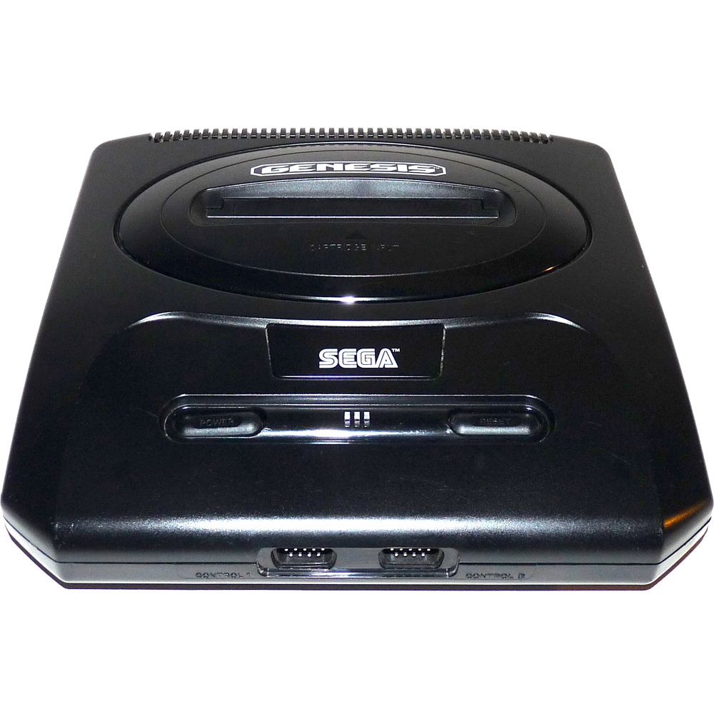 Top front view of a Sega Genesis Model 2 console showing the cartridge slot, power and reset buttons, controller ports, and logo from a slightly angled perspective.