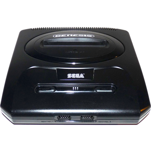 Top front view of a Sega Genesis Model 2 console showing the cartridge slot, power and reset buttons, controller ports, and logo from a slightly angled perspective.