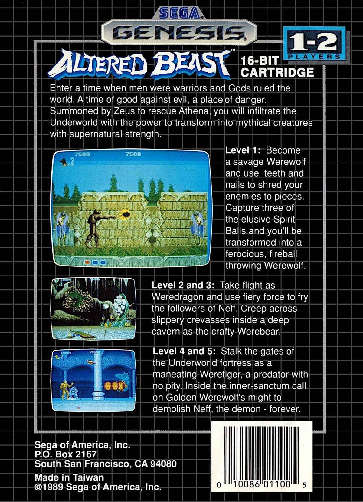 Altered Beast Sega Genesis retro video game action platformer back of case (1988)