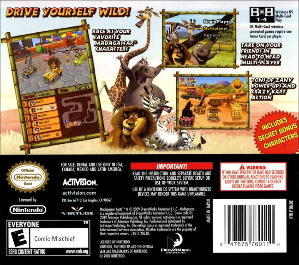 Madagascar Kartz Nintendo DS DS video game featuring kart racing gameplay Madagascar animated movie characters Alex Marty Gloria Melman and penguin racers colorful race tracks wild obstacle courses power ups speed boosts drifting stunts competitive racing cups multiplayer challenges and family friendly arcade driving action classic Nintendo DS handheld gaming retro video game collection collectible gaming appeal back cover art