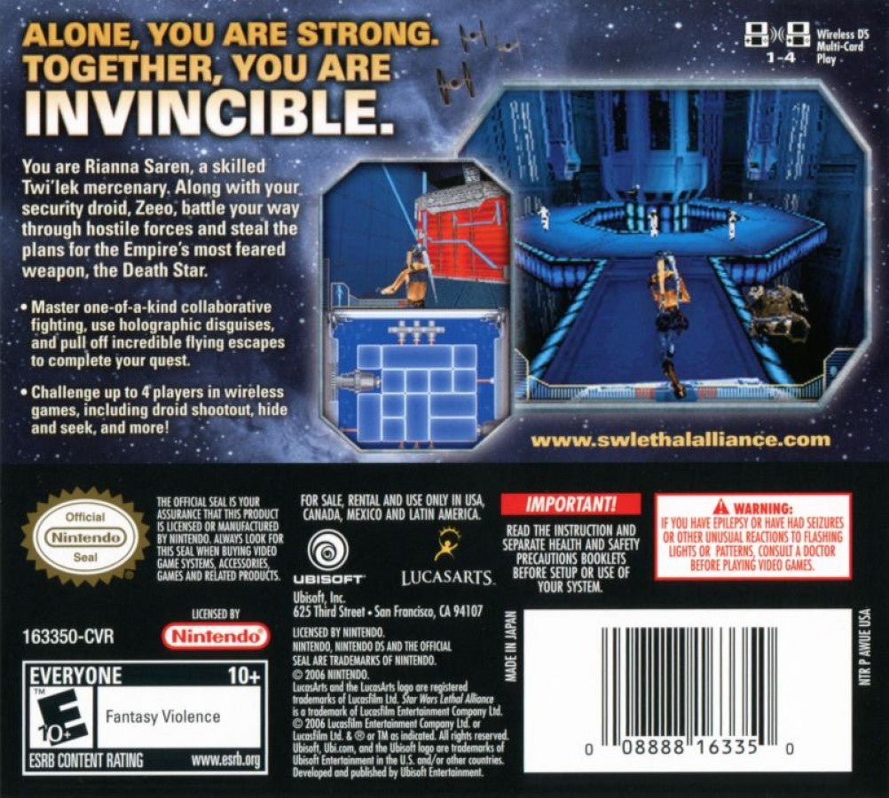 Star Wars Lethal Alliance for Nintendo DS (DS), back of case for a retro video game featuring action-adventure gameplay, blaster combat, stealth mechanics, character-based missions, and sci-fi story-driven battles