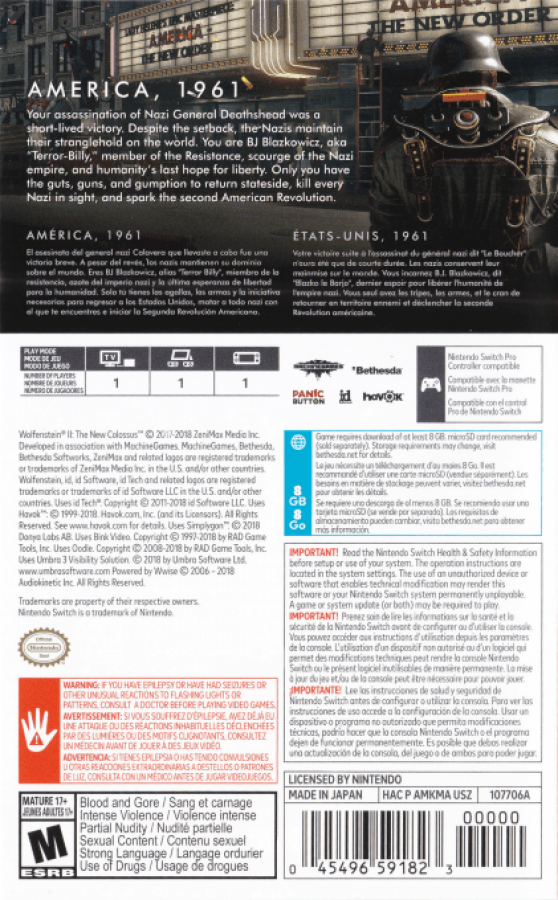 Wolfenstein II: The New Colossus back cover art for the Nintendo Switch (NS) video game
