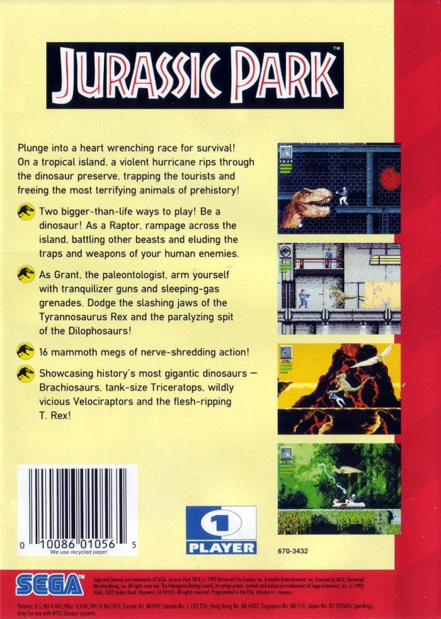 Jurassic Park back cover art for Sega Genesis (GEN) video game
