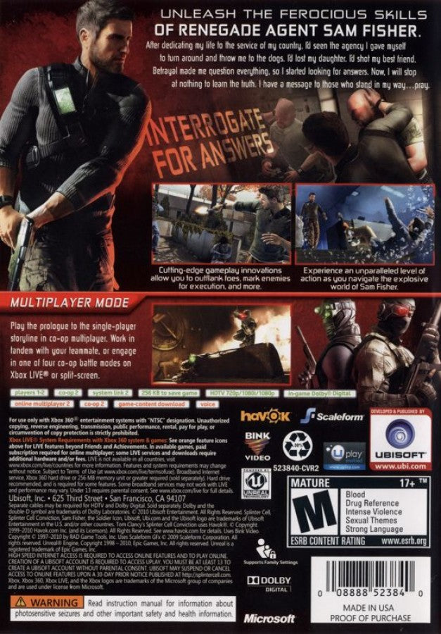 Tom Clancy's Splinter Cell: Conviction back of case for Xbox 360 (X360) stealth action-adventure video game