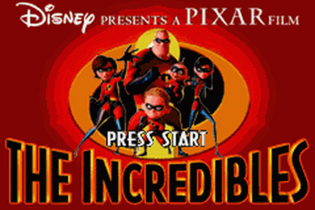 Disney Pixar The Incredibles title screen for Game Boy Advance (GBA) video game