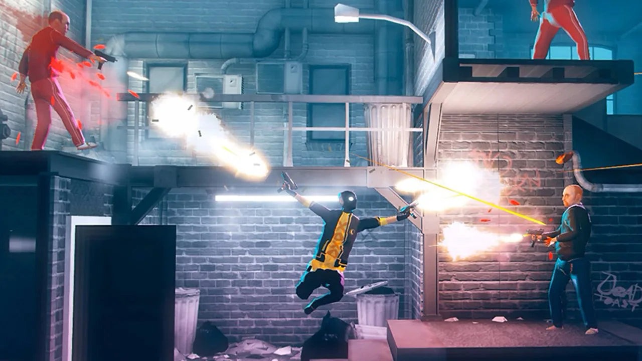 My Friend Pedro Nintendo Switch inspired design featuring stylish action shooter aesthetic acrobatic gunplay slow motion combat outrageous stunt moves surreal storytelling fast paced firefights cinematic side scrolling gameplay presentation gameplay