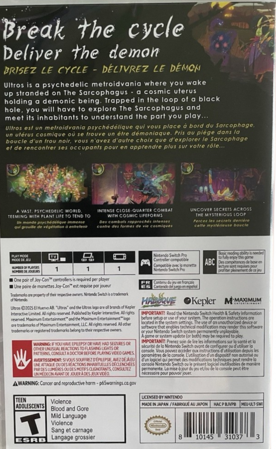 ULTROS Nintendo Switch inspired design featuring psychedelic sci fi action adventure aesthetic vibrant alien ecosystems surreal hand drawn visuals mysterious cosmic world exploration metroidvania progression atmospheric storytelling and unique botanical themed gameplay presentation back cover