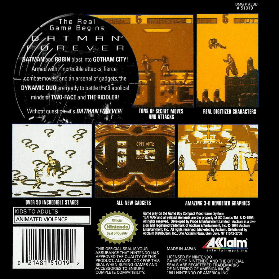 Batman Forever Game Boy GB for retro video game enthusiasts featuring action platforming gameplay superhero crime fighting Gotham City adventure side scrolling combat gadget based challenges comic inspired action and collectible gaming appeal back cover