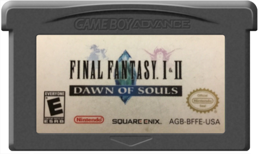 Final Fantasy I & II Dawn of Souls cartridge for the Game Boy Advance featuring classic turn based RPG gameplay with enhanced versions of the original Final Fantasy I and II including updated graphics additional dungeons and quality of life improvements cartridge