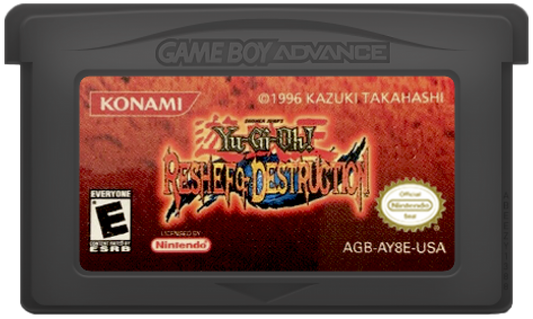Yu-Gi-Oh! Reshef of Destruction Game Boy Advance cartridge for retro video game featuring strategic card battle gameplay, duel monster mechanics, anime inspired storyline, deck building progression, turn based dueling strategy, and portable handheld trading card game adventure on GBA system
