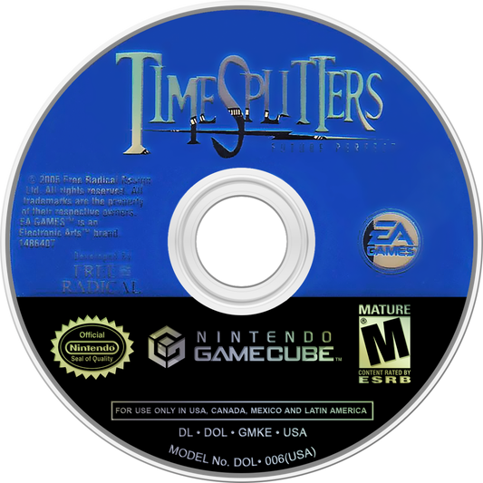 TimeSplitters Future Perfect game for the Nintendo GameCube featuring first person shooter gameplay with time travel themed missions cooperative story mode multiplayer options and arcade style combat across varied historical and futuristic settings disc
