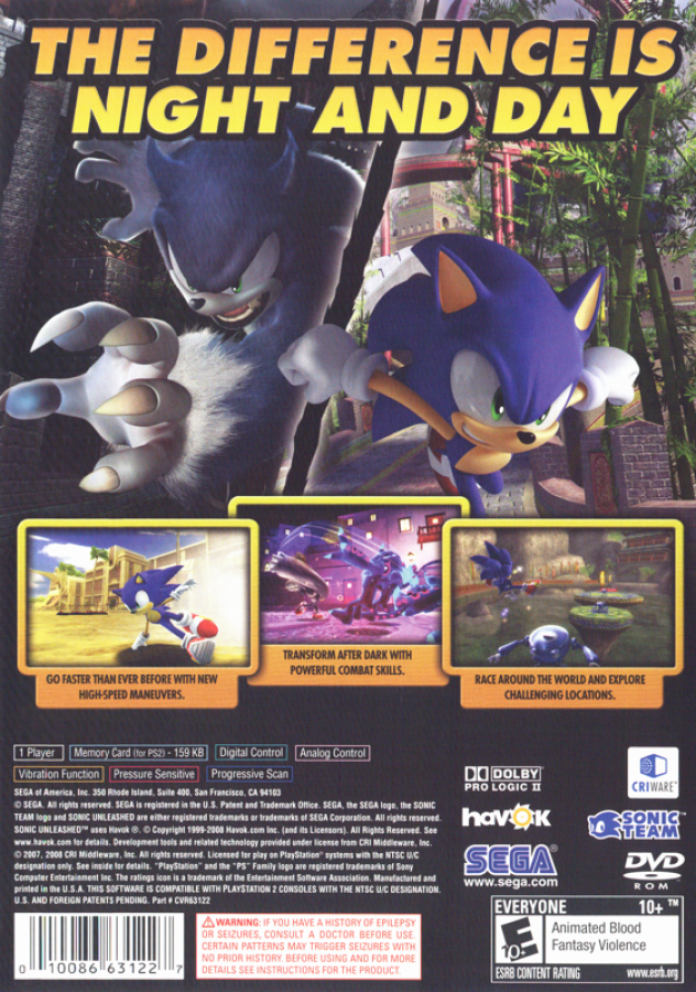 Sonic Unleashed – PlayStation 2 (PS2) video game back of case, action-adventure platformer.