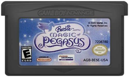 Barbie and the Magic of Pegasus for Game Boy Advance (GBA), cartridge for a retro video game featuring fantasy adventure gameplay, horse riding challenges, puzzle-solving, magical environments, and movie-inspired action
