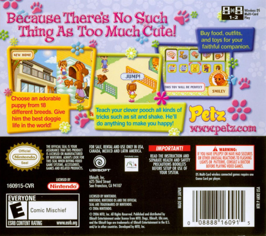 Dogz back cover art for Nintendo DS (DS) video game