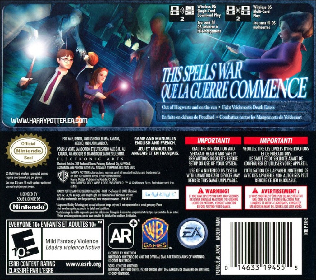 Harry Potter and the Deathly Hallows Part 1 for Nintendo DS action adventure game based on the film featuring spell casting combat stealth missions and story campaign gameplay back cover
