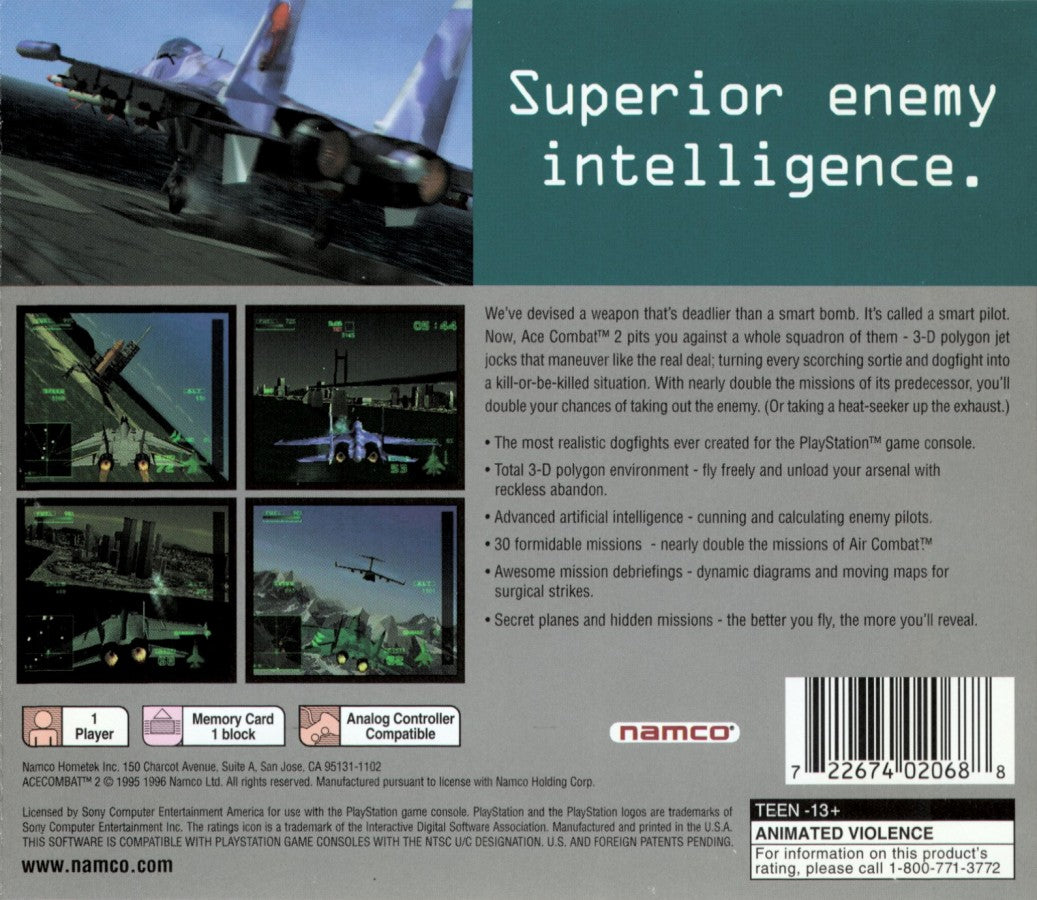 Ace Combat 2 PS1 PlayStation 1 flight combat simulator arcade air combat jet fighter dogfighting game retro video game back of case