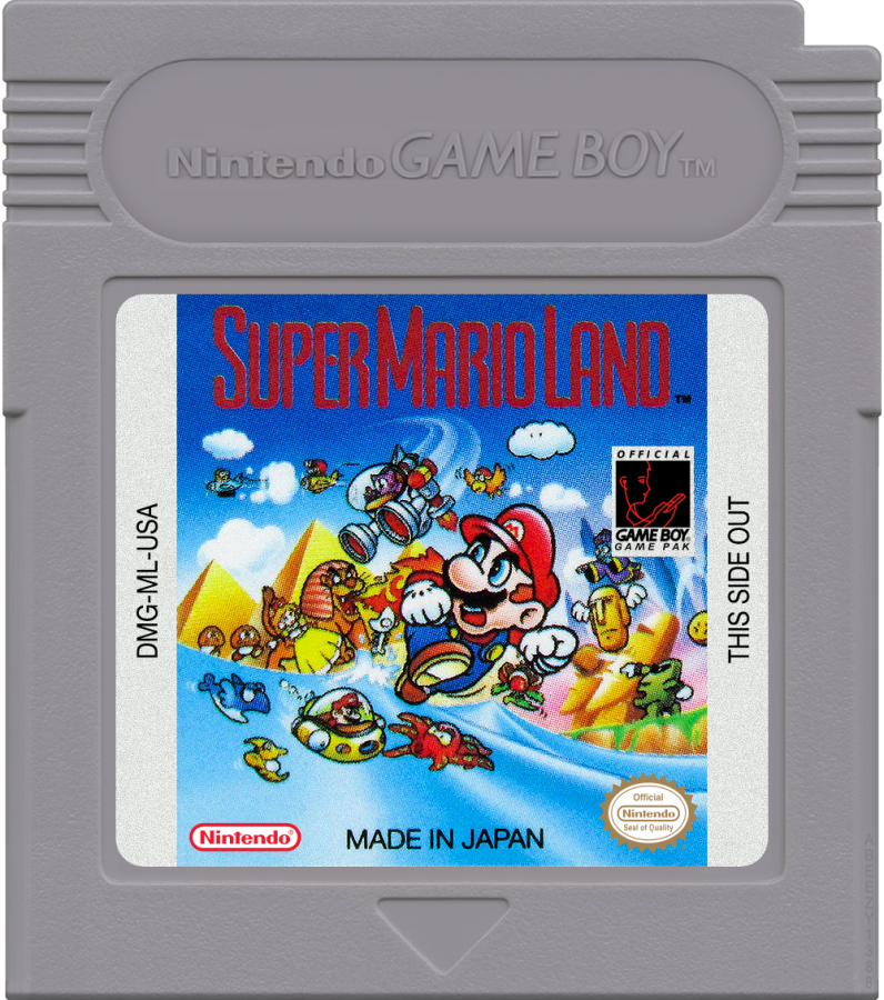 Super Mario Land Game Boy cartridge with colorful artwork and branding.